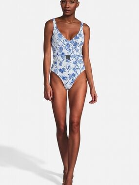 NWT Hutch Blue Ink Chinoserie Print Bustier Belted One-Piece Swimsuit Size S